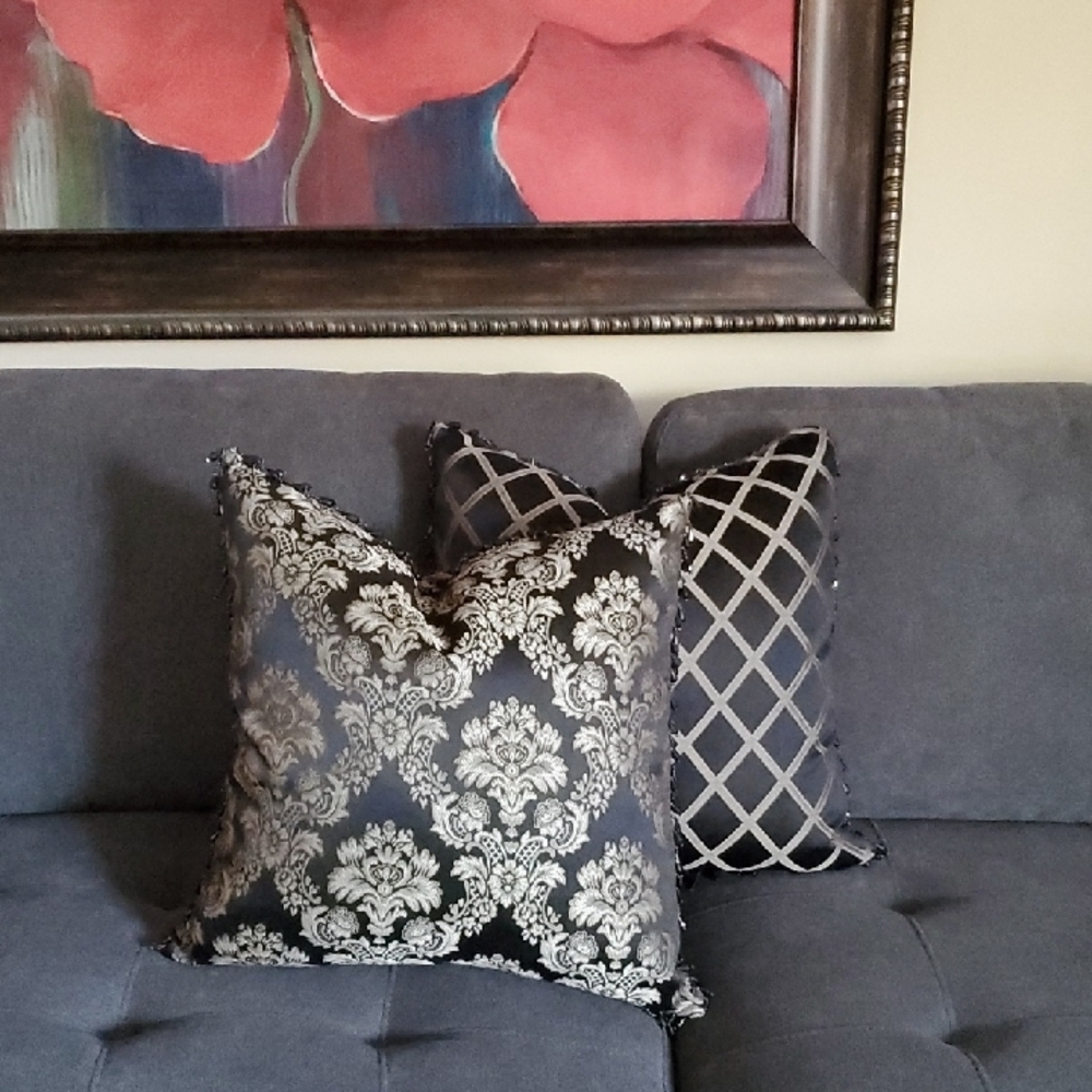 Elegant Black Gold Silver Damask Trellis Down Feather 18" Throw Pillows-Set of 2